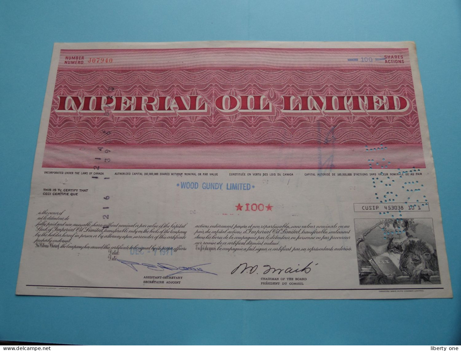 Imperial OIL Ltd - 100 Shares ( N° J07940 ) N.Y. 1971 ( See SCANS ) USA ! - G - I