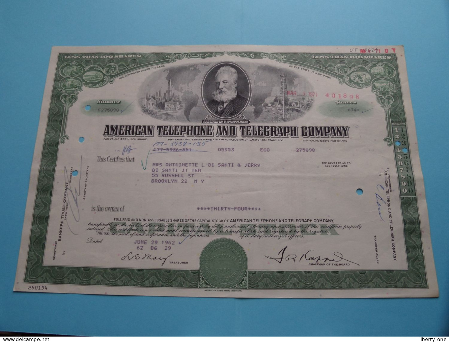 American TELEPHONE And TELEGRAPH Cy - 100 Shares ( N° E275898 ) N.Y. 1962 ( See SCANS ) USA ! - A - C