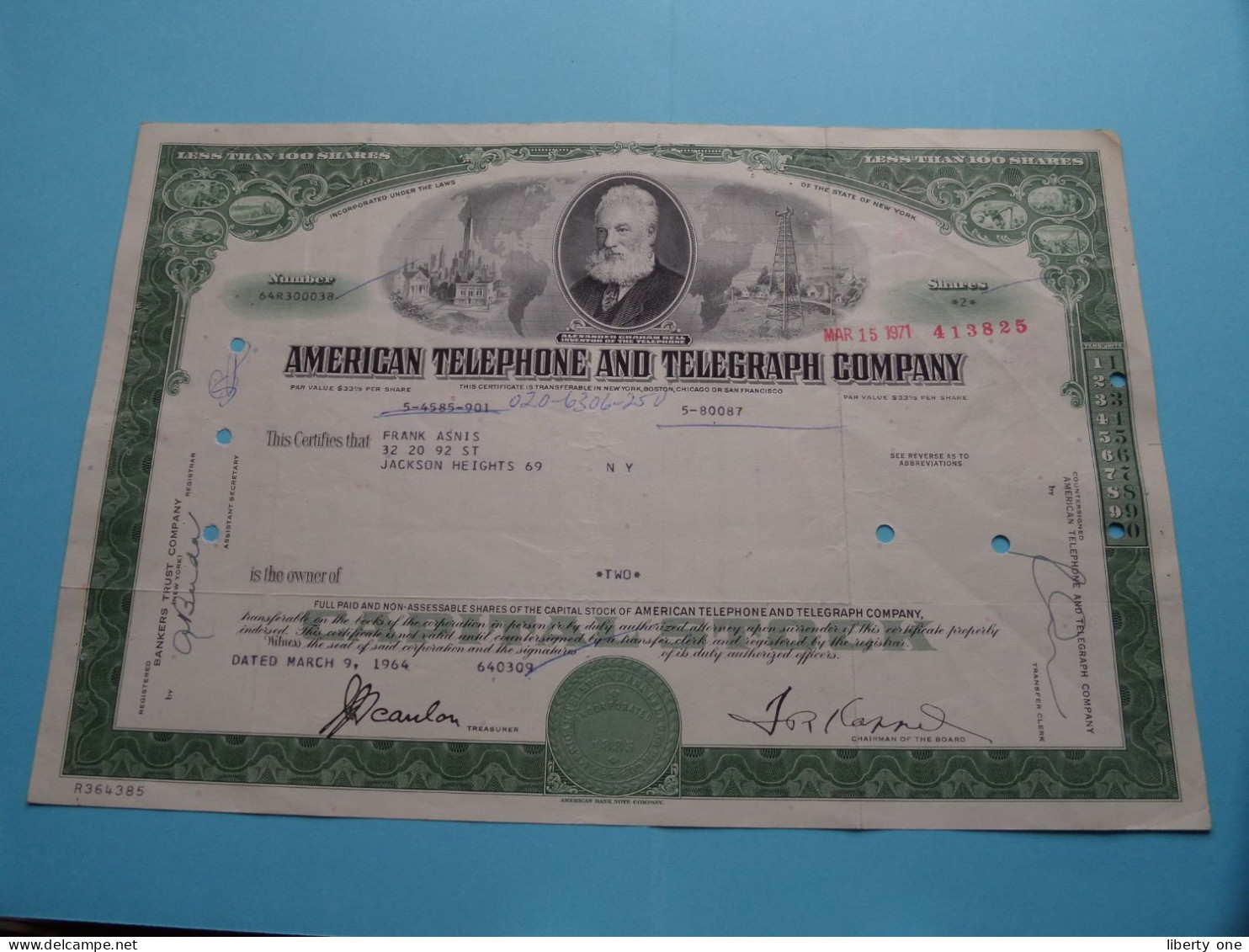 American TELEPHONE And TELEGRAPH Cy - 100 Shares ( N° 64R300038 ) N.Y. 1971 ( See SCANS ) USA ! - A - C