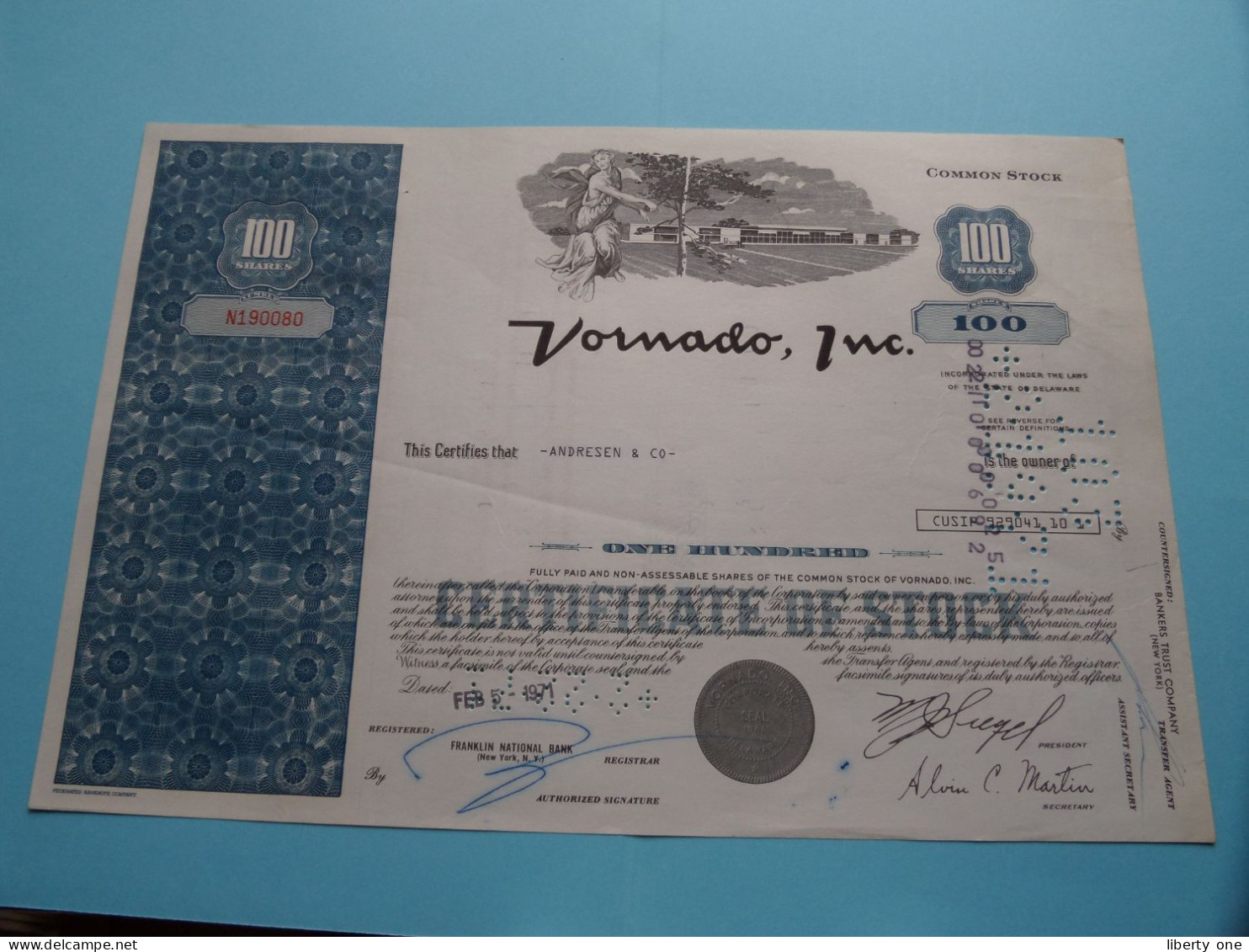 VORNADO Inc. - 100 Shares ( N° N190080 ) N.Y. 1971 ( See SCANS ) USA ! - S - V