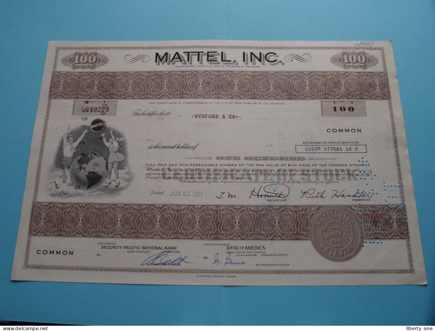 MATTEL Inc. - 100 Shares ( N° LC 49229 ) N.Y. 1971 ( See SCANS ) USA ! - M - O