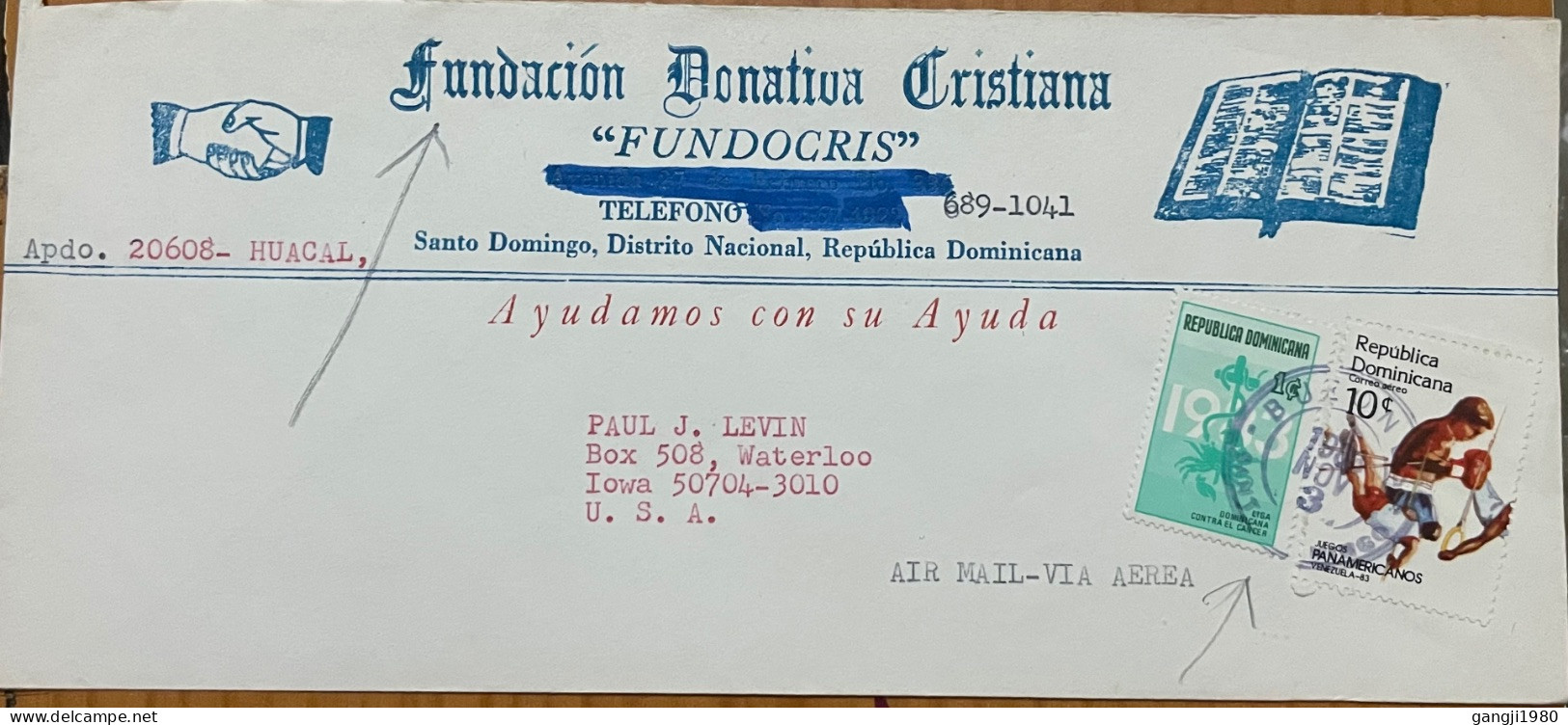 DOMINICANA 1983, COVER USED TO USA, ADVERTISING, FUNDACION DONATIVA CHESTIANA FUNDOGRIS, 2 STAMP, SPORT BOXING, CANCER C - Dominicaine (République)