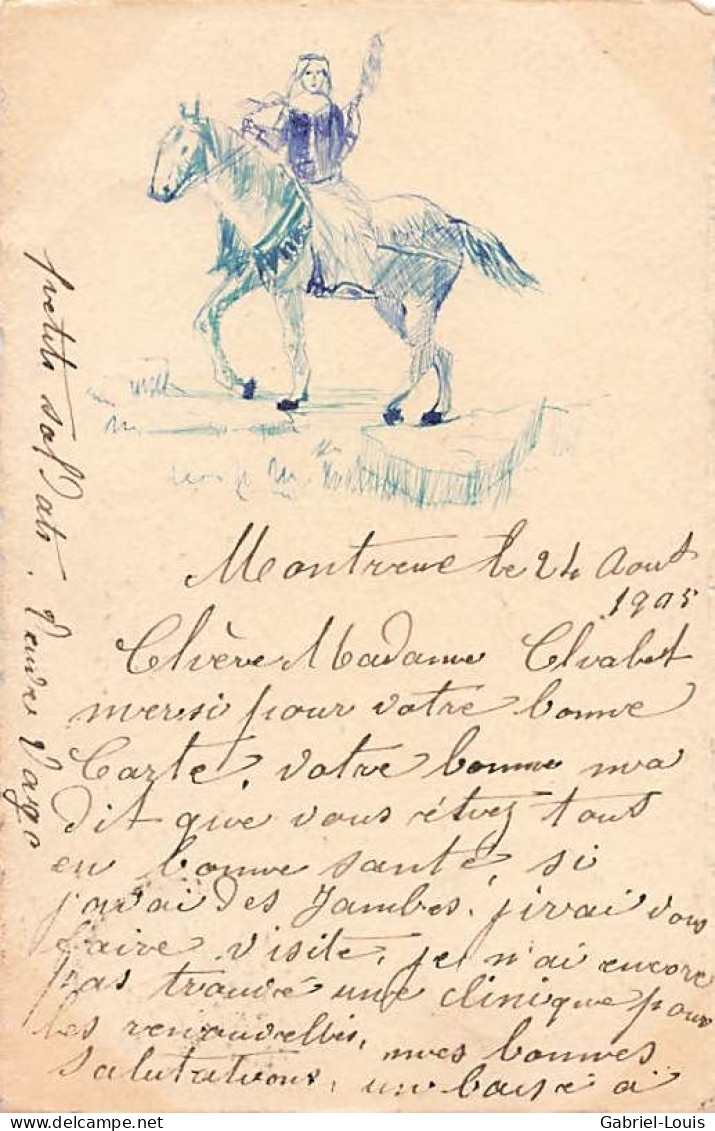 Carte Dessin Original Cavalière Avec Une Quenouille Cheval Envoyée De Montreux à Puidoux 1905 - Montreux