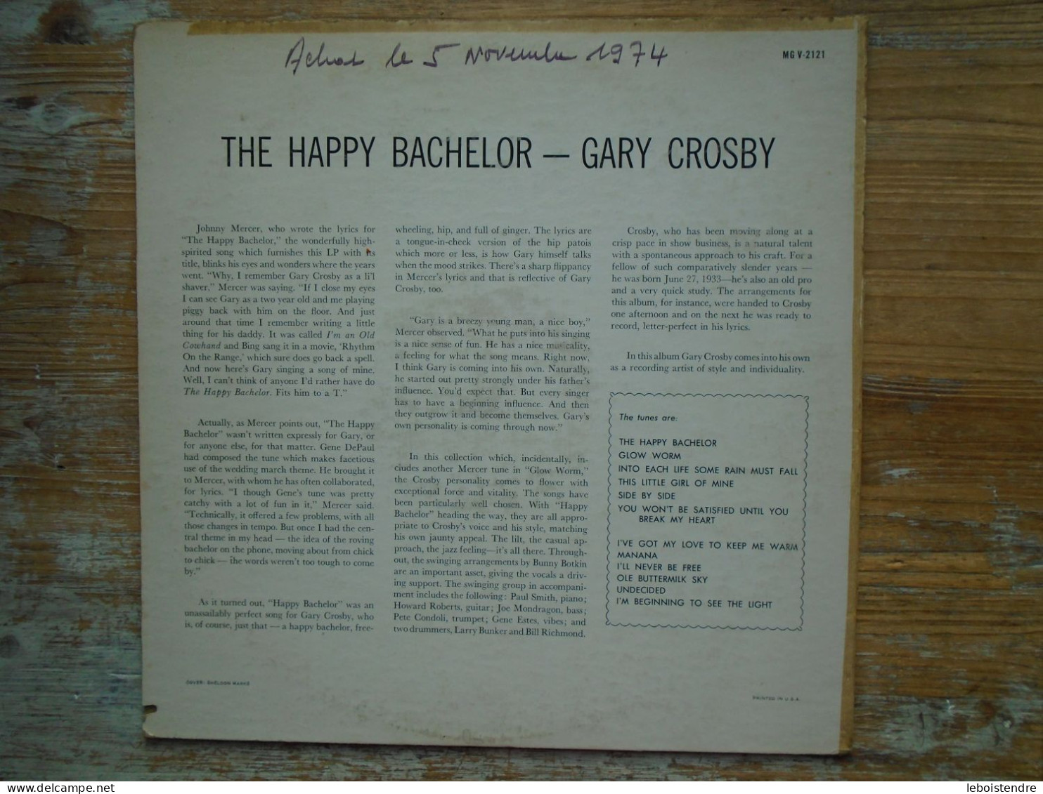 RARE 33 T LP VINYLE THE HAPPY BACHELOR GARY CROSBY MG V-2121 MADE IN USA VERVE RECORDS