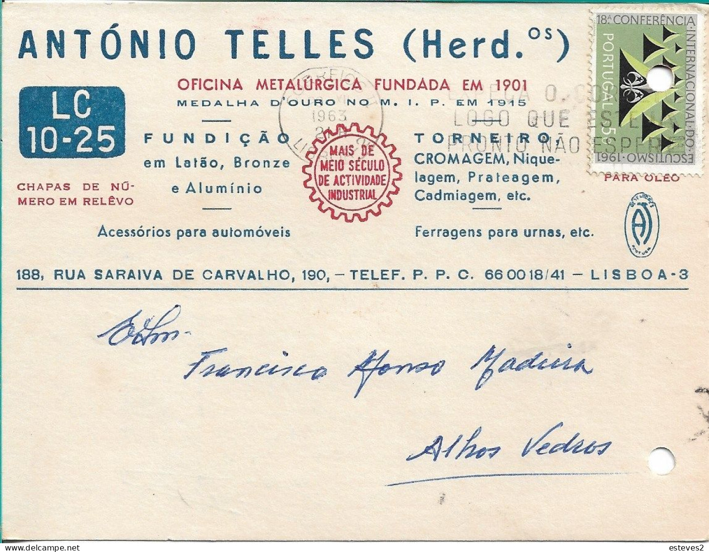 Portugal , 1963 ,  ANTONIO TELLES HERDºS , Lisboa ,  Metallurgical Industry , Foundry, Commercial Mail - Portogallo