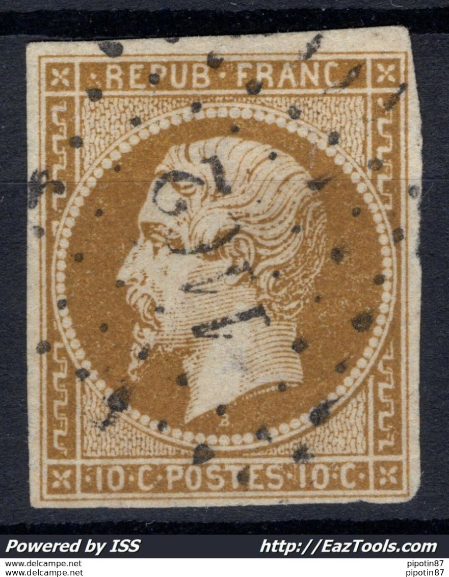 FRANCE EMISSION PRESIDENCE 10c BISTRE JAUNE N° 9 AVEC OBLITERATION PC 1102 DIJON COTE D'OR - 1852 Luigi-Napoleone