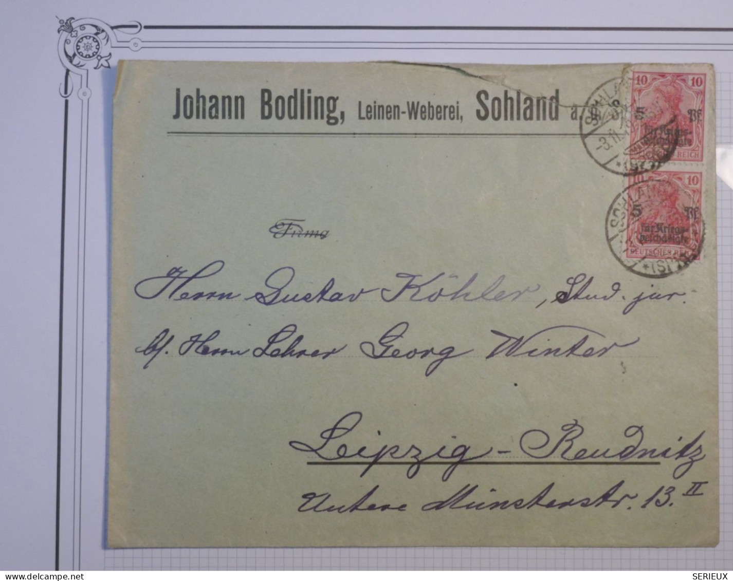 DD12 GERMANY BELLE LETTRE ENV. 1919 SOHLAND A LEIPZIG + PAIRE SURCHARGES +AFF. INTERESSANT+++ - Altri & Non Classificati