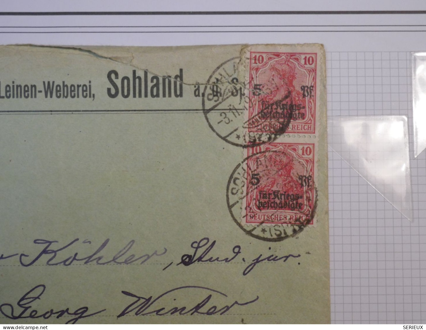 DD12 GERMANY BELLE LETTRE ENV. 1919 SOHLAND A LEIPZIG + PAIRE SURCHARGES +AFF. INTERESSANT+++ - Altri & Non Classificati