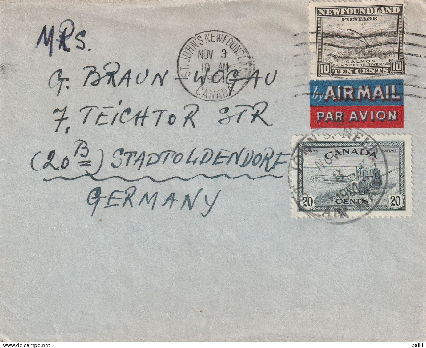 Canada Lettre Terre Neuve Pour L'Allemagne 1951 - Storia Postale