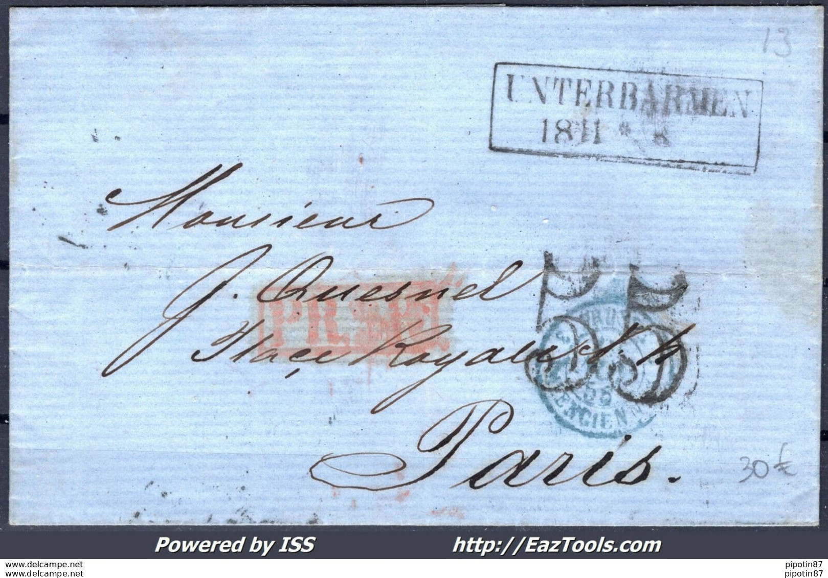 FRANCE MARQUE POSTALE TAXEE 55 CTS POUR PARIS DU 19/11/1856 A VOIR - Autres & Non Classés