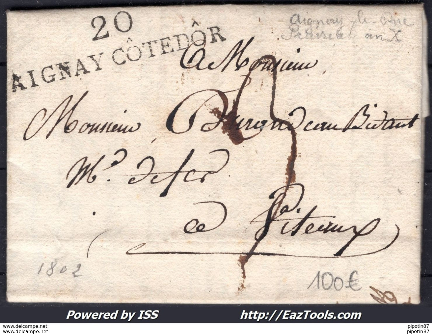 FRANCE MARQUE CURSIVE 20 AIGNAY COTEDOR POUR AIGNAY LE DUC DE 1802 - Unclassified