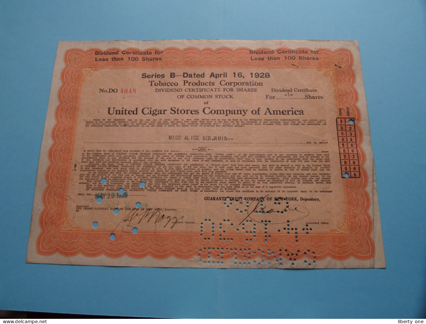 TOBACCO Products C° / United CIGAR Stores Of America ( N° DO 2013/2507/4948/5909/6831 ) 1928/30 ( See SCANS ) 5 Ex. ! - S - V
