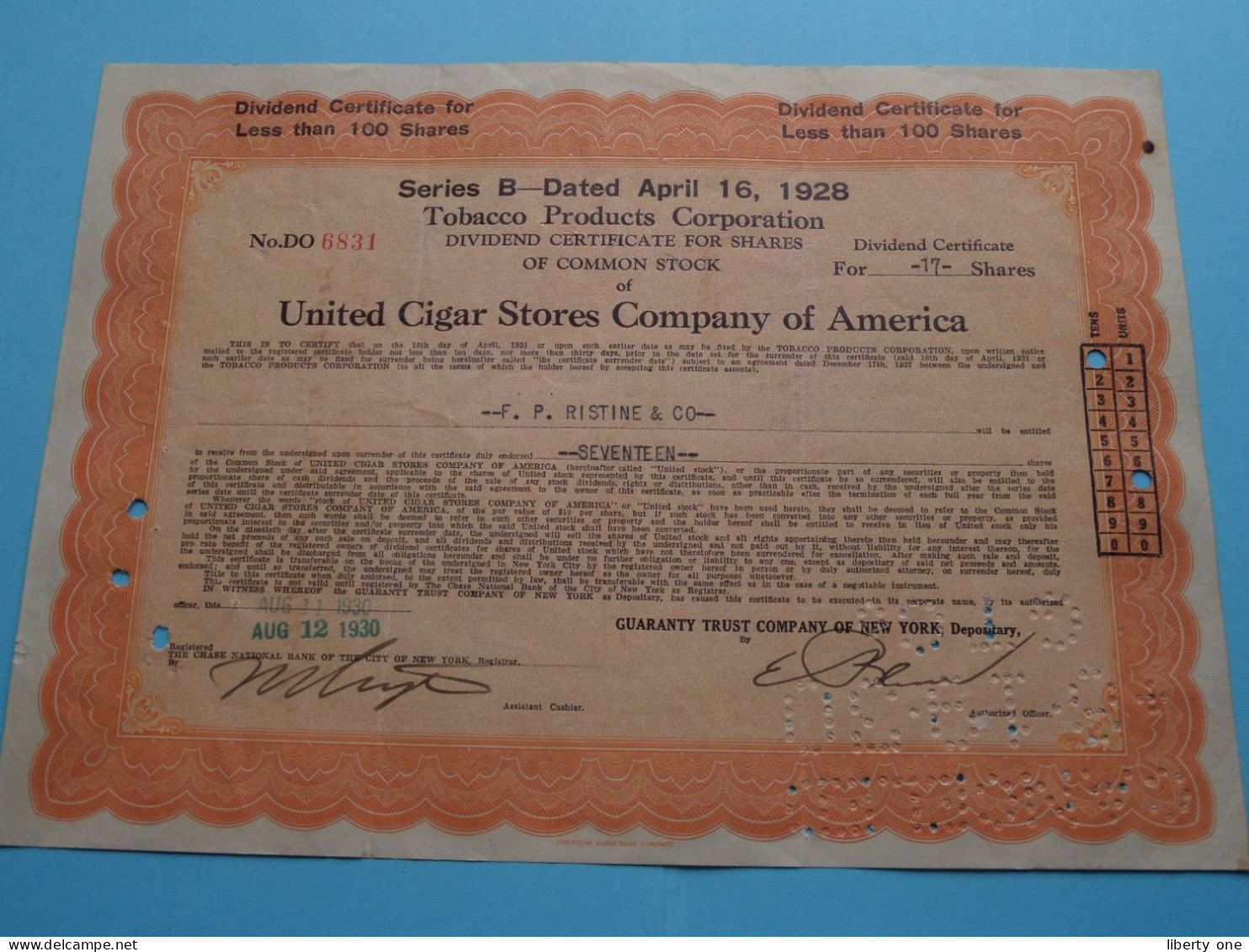 TOBACCO Products C° / United CIGAR Stores of America ( N° DO 2013/2507/4948/5909/6831 ) 1928/30 ( See SCANS ) 5 Ex. !