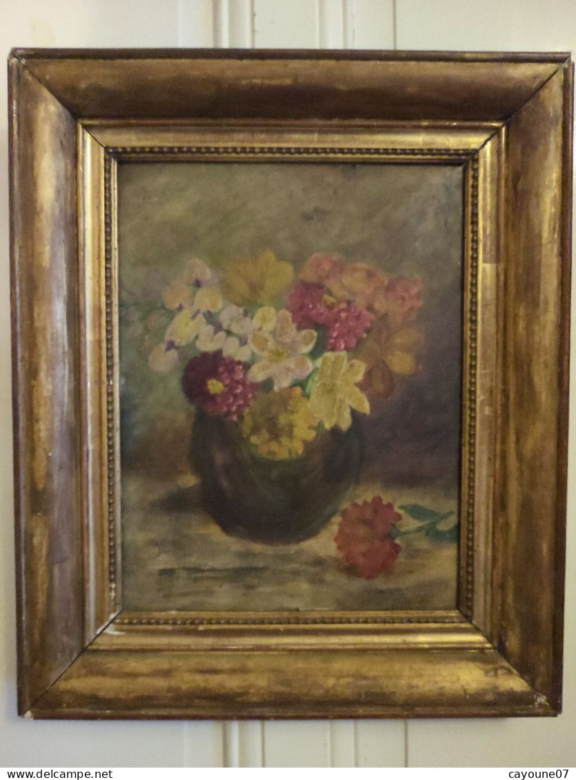 Huile Sur Carton Signée "Nature Morte Au Bouquet De Fleurs " Cadre Bois Doré Datée 1936 - Oils