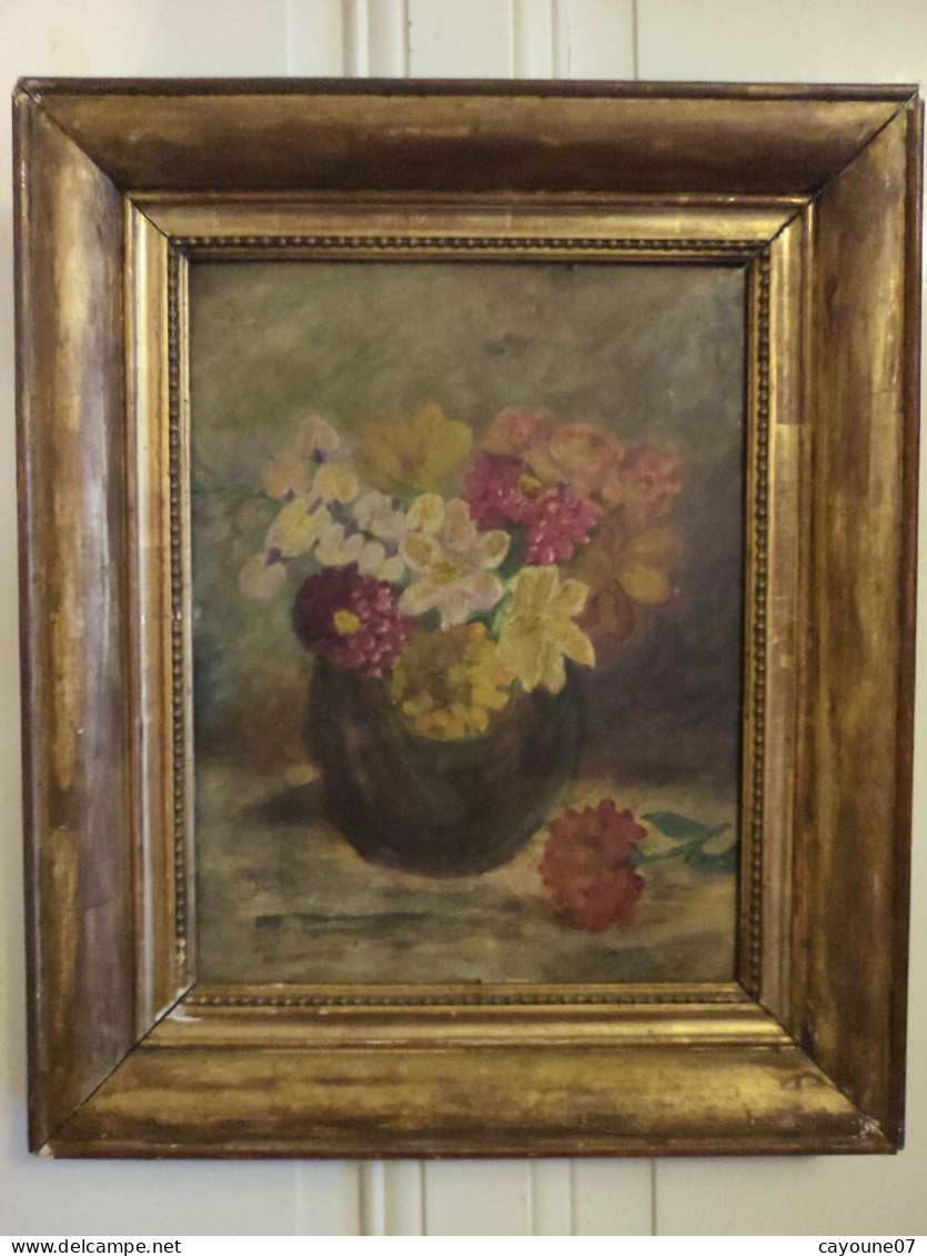 Huile Sur Carton Signée "Nature Morte Au Bouquet De Fleurs " Cadre Bois Doré Datée 1936 - Oelbilder