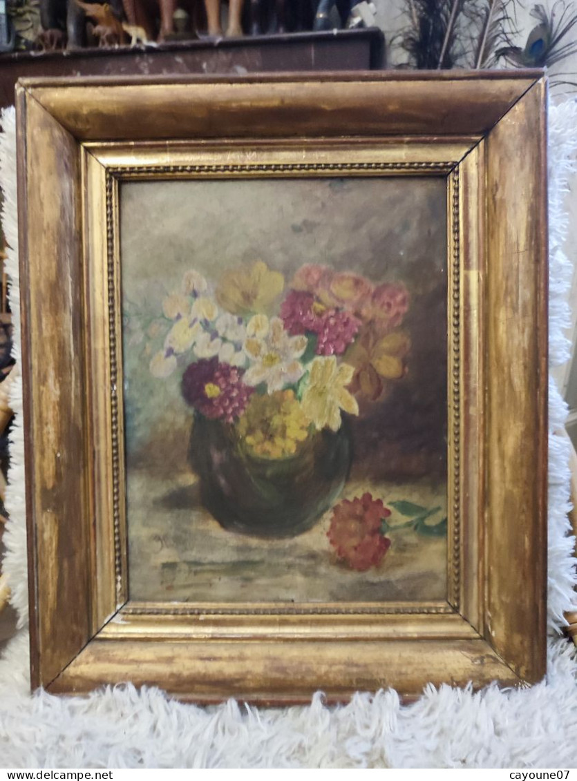 Huile Sur Carton Signée "Nature Morte Au Bouquet De Fleurs " Cadre Bois Doré Datée 1936 - Oils