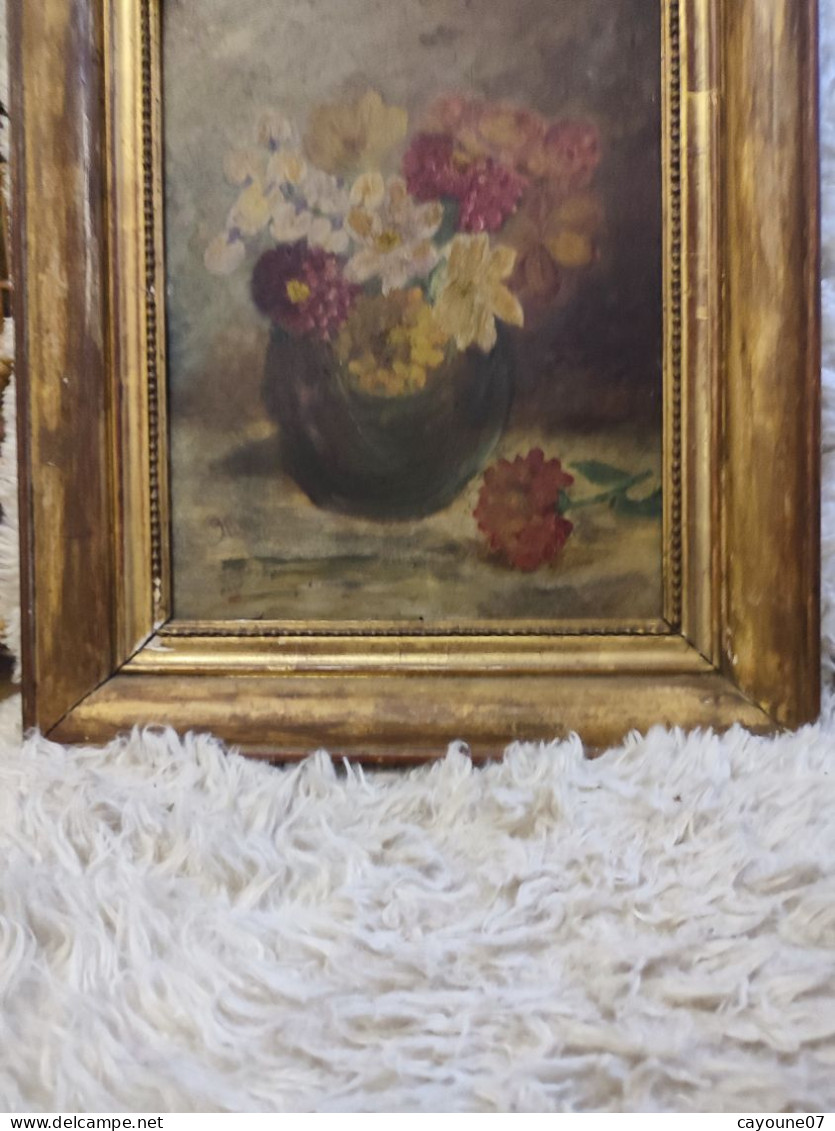 Huile Sur Carton Signée "Nature Morte Au Bouquet De Fleurs " Cadre Bois Doré Datée 1936 - Oelbilder