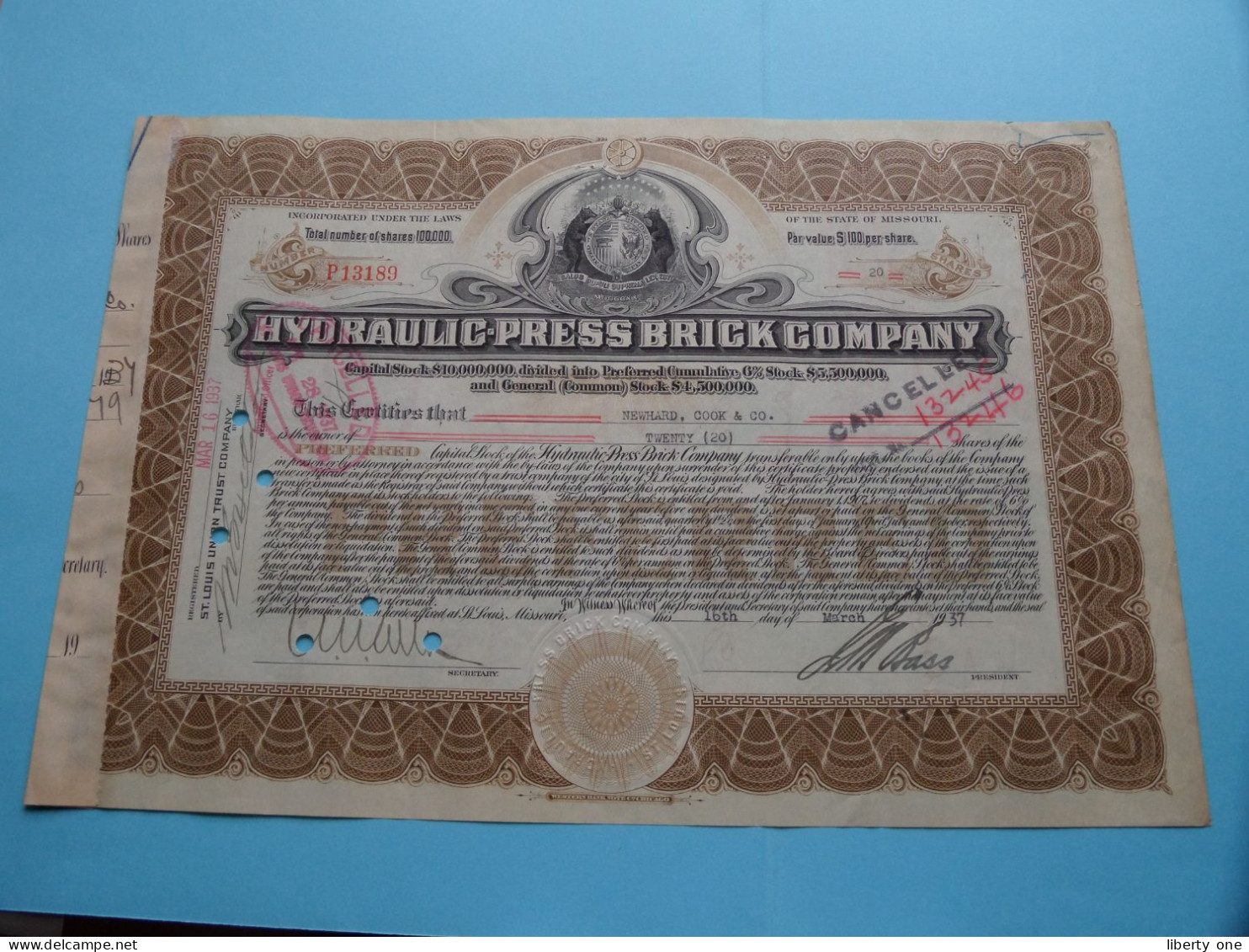 HYDRAULIC-PRESS BRICK C° - Shares ( N° P13189 ) 1937 Missouri ( See SCANS ) ! - G - I