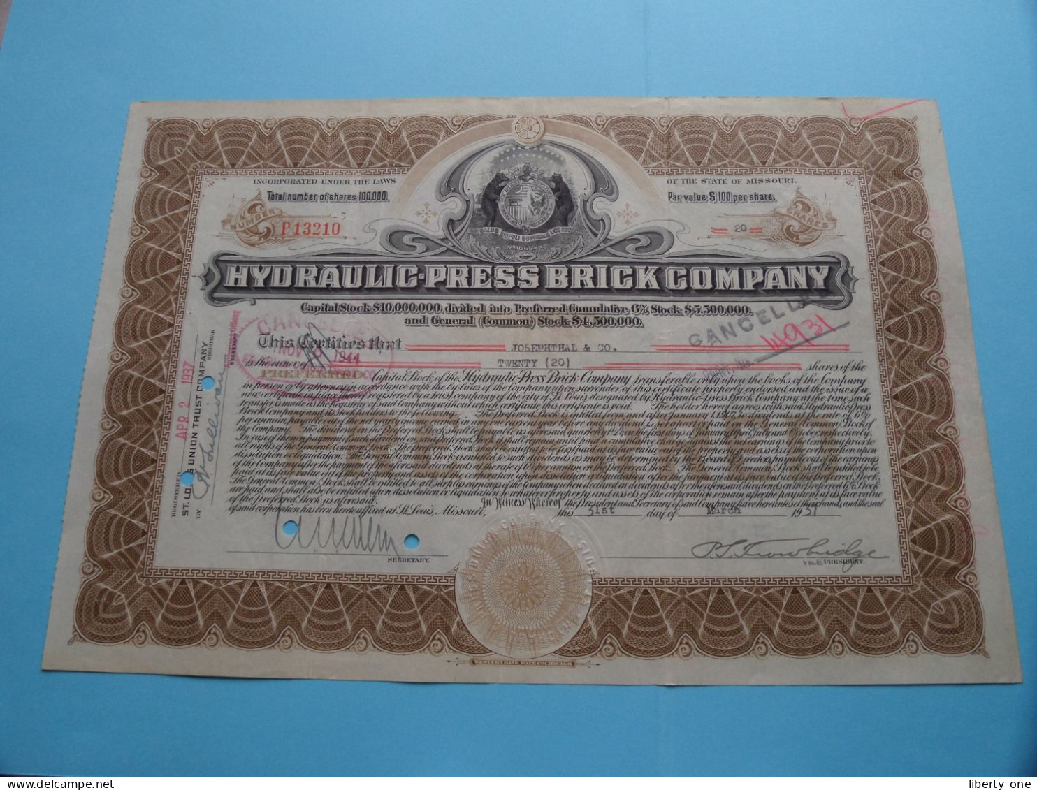 HYDRAULIC-PRESS BRICK C° - Shares ( N° P13210 ) 1937 Missouri ( See SCANS ) ! - G - I