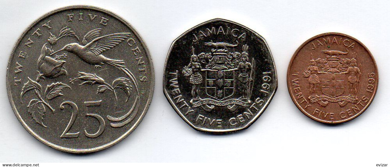 JAMAICA, Set Of Three Coins 25 Cents, Copper-Nickel, Copper, Year 1987-95, KM # 49, 147, 167 - Jamaica