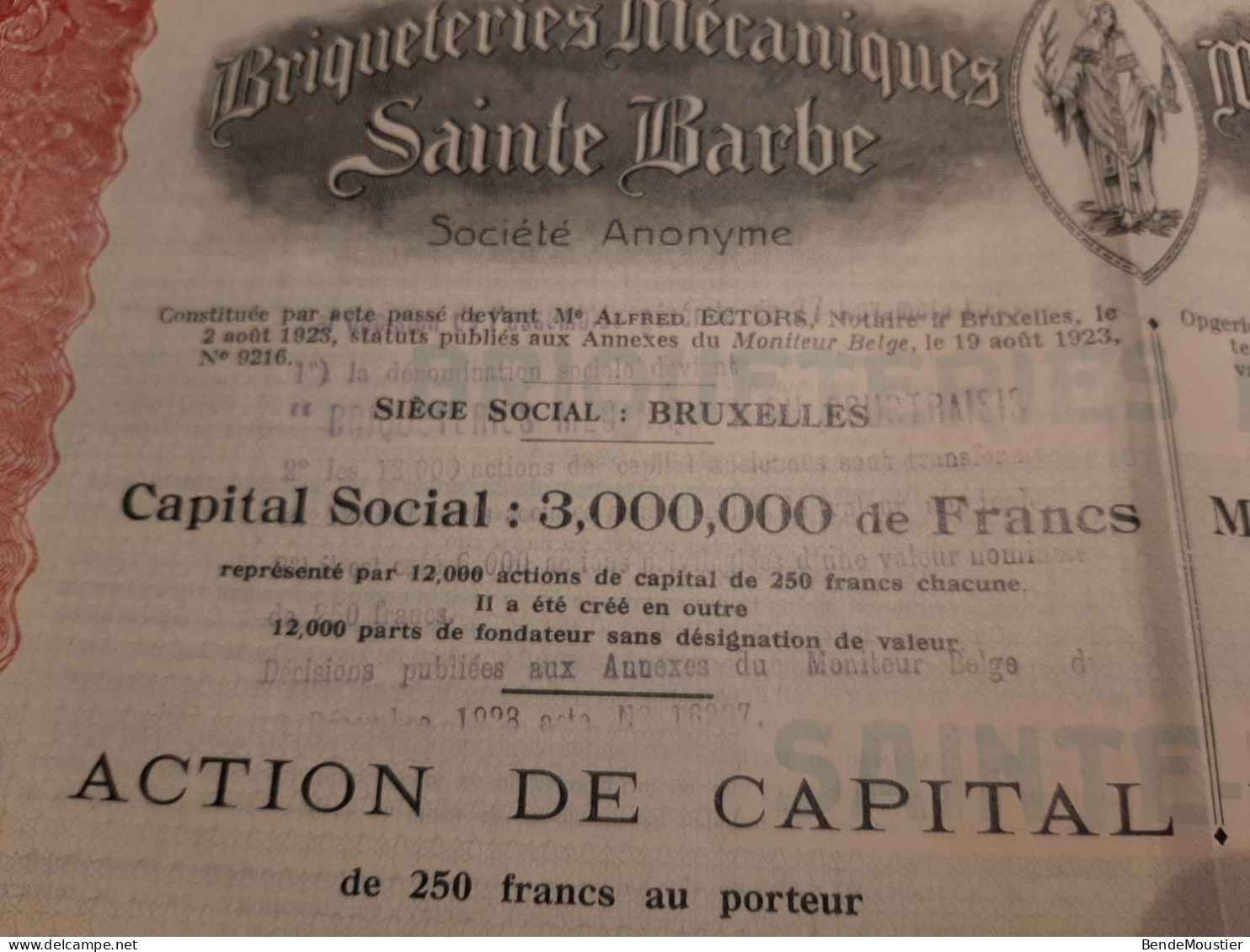 Mekanieke Steenbakkerijen Sinte Barbara - Briqueteries - Kapitaalsaandeel Van 250 Frank - Brussel Augustus 1923. - Industrie