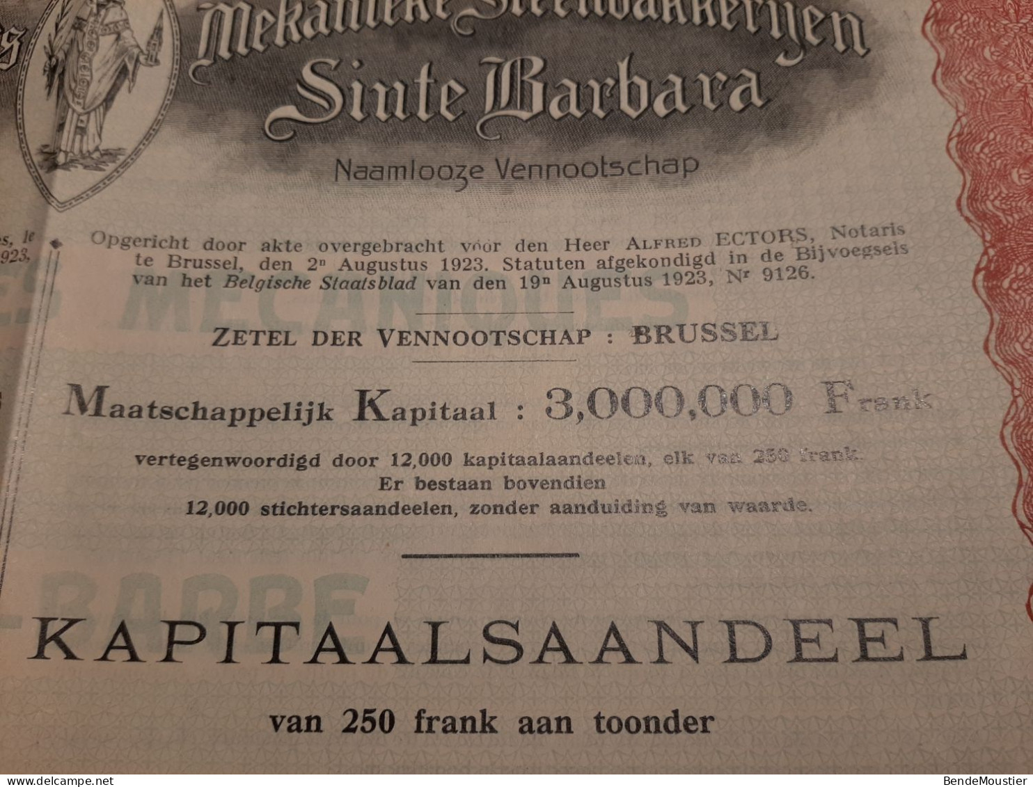 Mekanieke Steenbakkerijen Sinte Barbara - Briqueteries - Kapitaalsaandeel Van 250 Frank - Brussel Augustus 1923. - Industrie