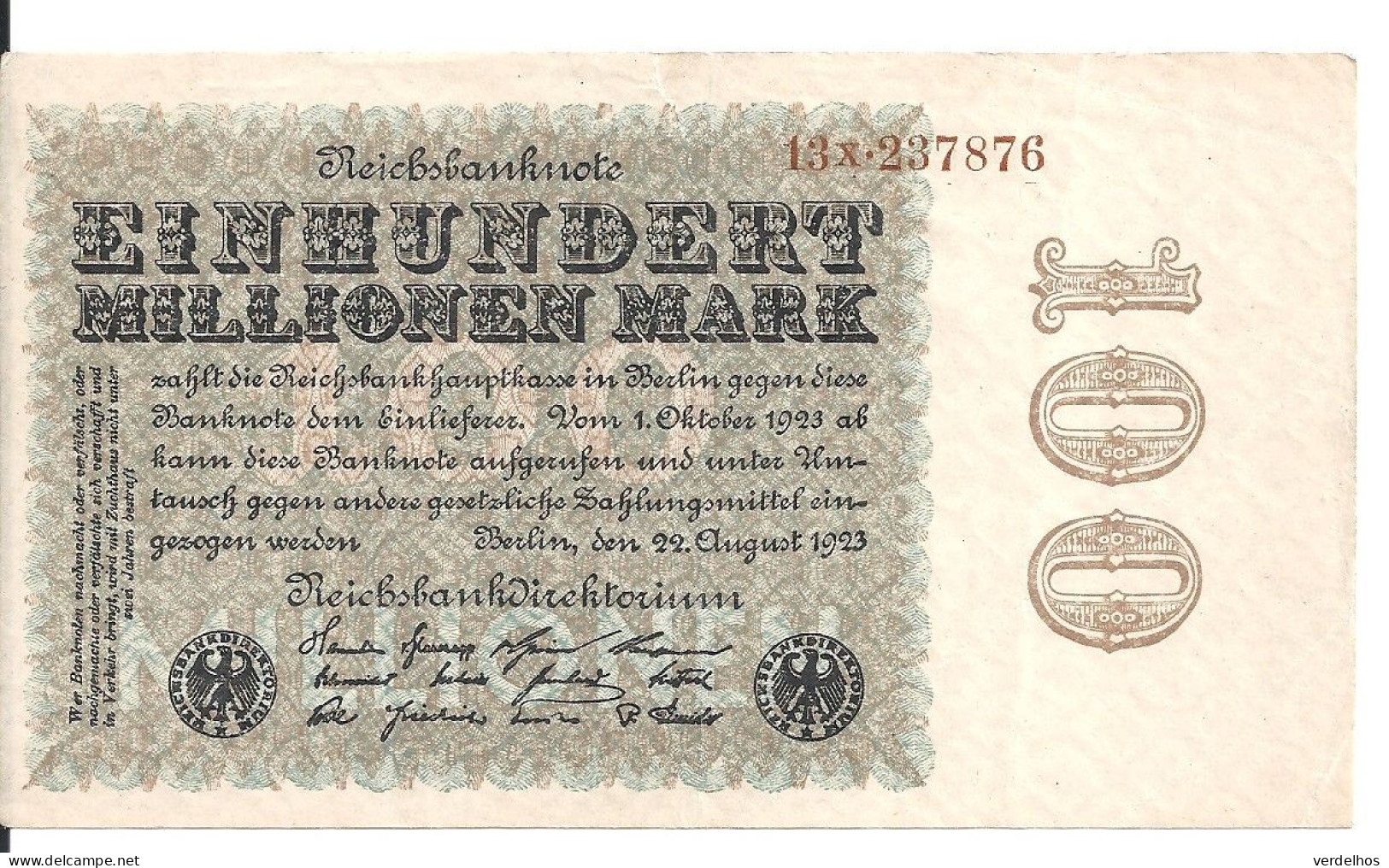 ALLEMAGNE 100 MO MARK 1923 XF+ P 107 - 100 Miljoen Mark