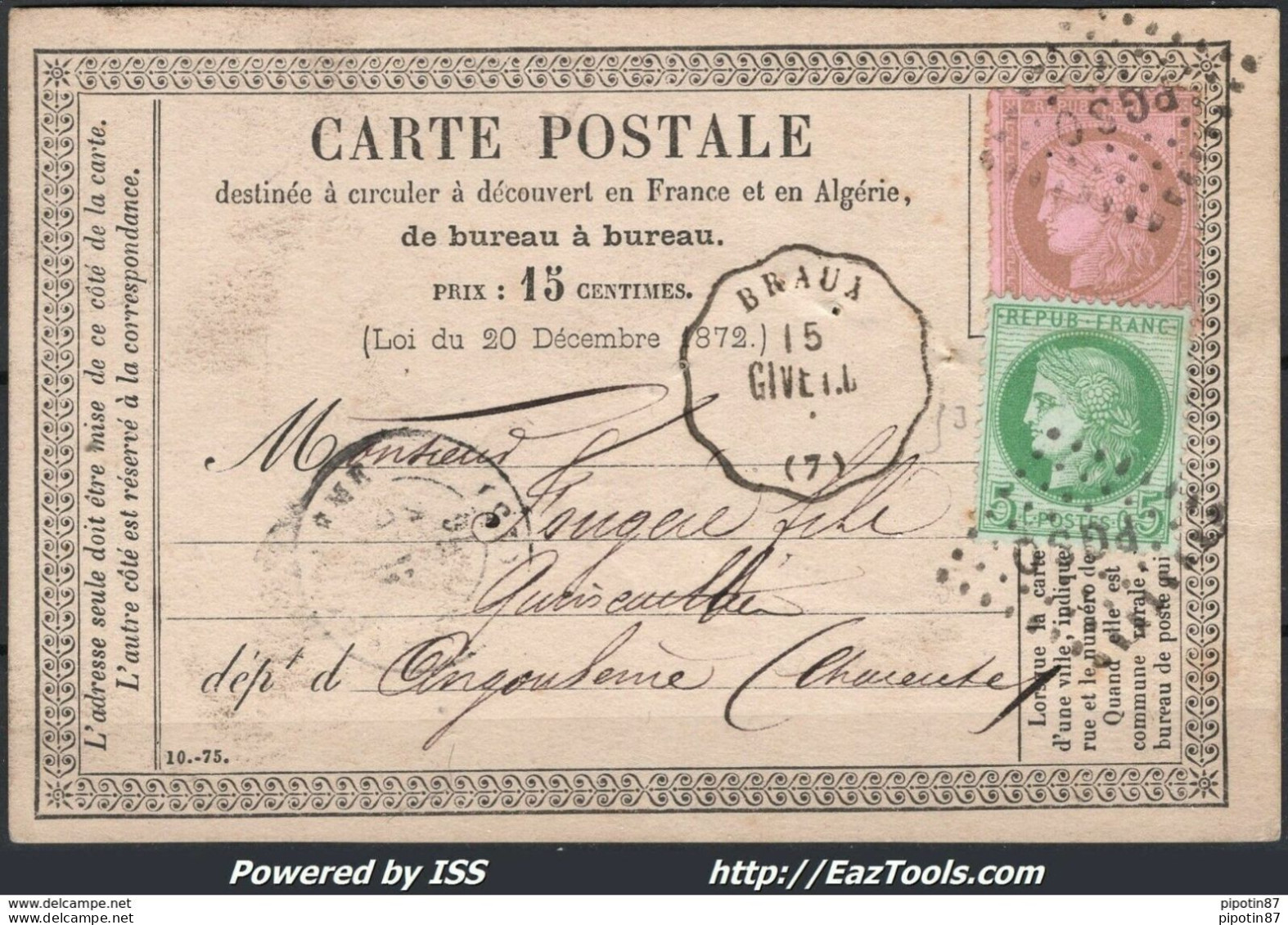 FRANCE CP PRECURSEUR CACHET LOSANGE PGSO + CONVOYEUR STATION BRAUX 15/01/1876 - 1871-1875 Cérès