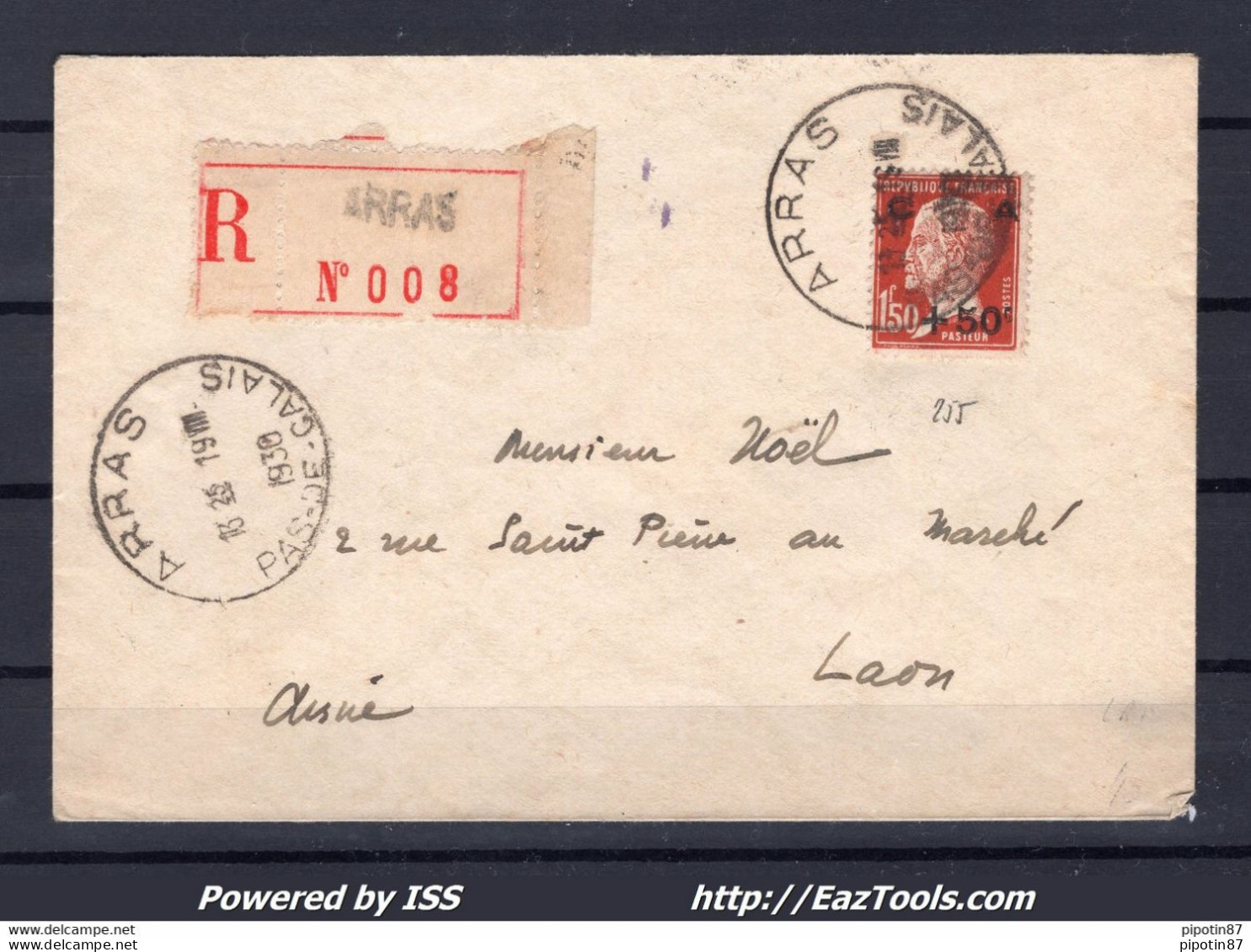 FRANCE N° 255 SEUL SUR LETTRE RECOMMANDÉE POUR LAON DEPART ARRAS DU 19/08/1930 - Covers & Documents