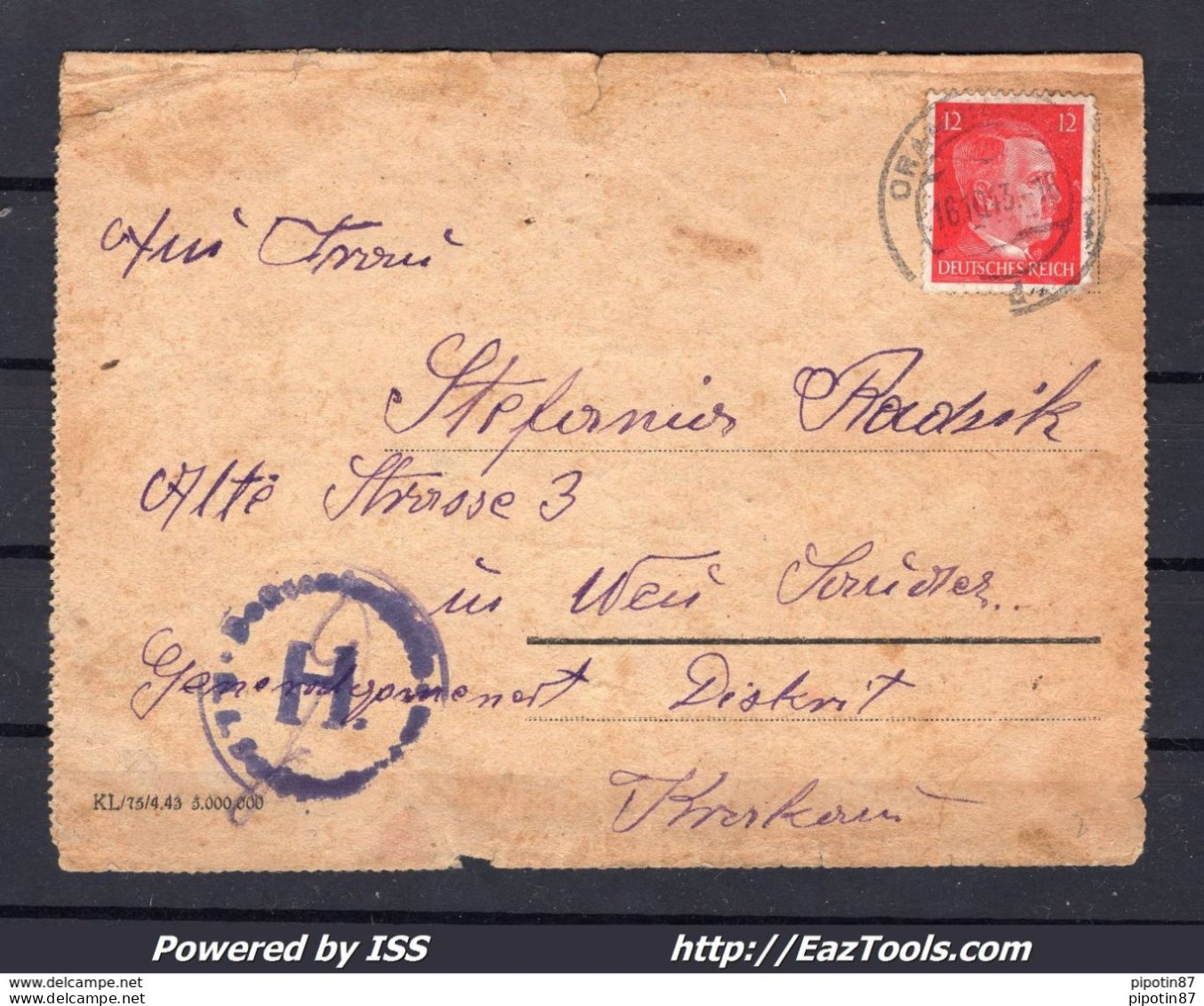 LETTRE D'UN DÉPORTÉ DU CAMP D'ORANIENBURG CACHET DE CENSURE H DU 16/10/1943 - Storia Postale