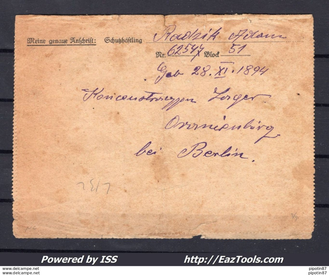 LETTRE D'UN DÉPORTÉ DU CAMP D'ORANIENBURG CACHET DE CENSURE H DU 16/10/1943 - Briefe U. Dokumente