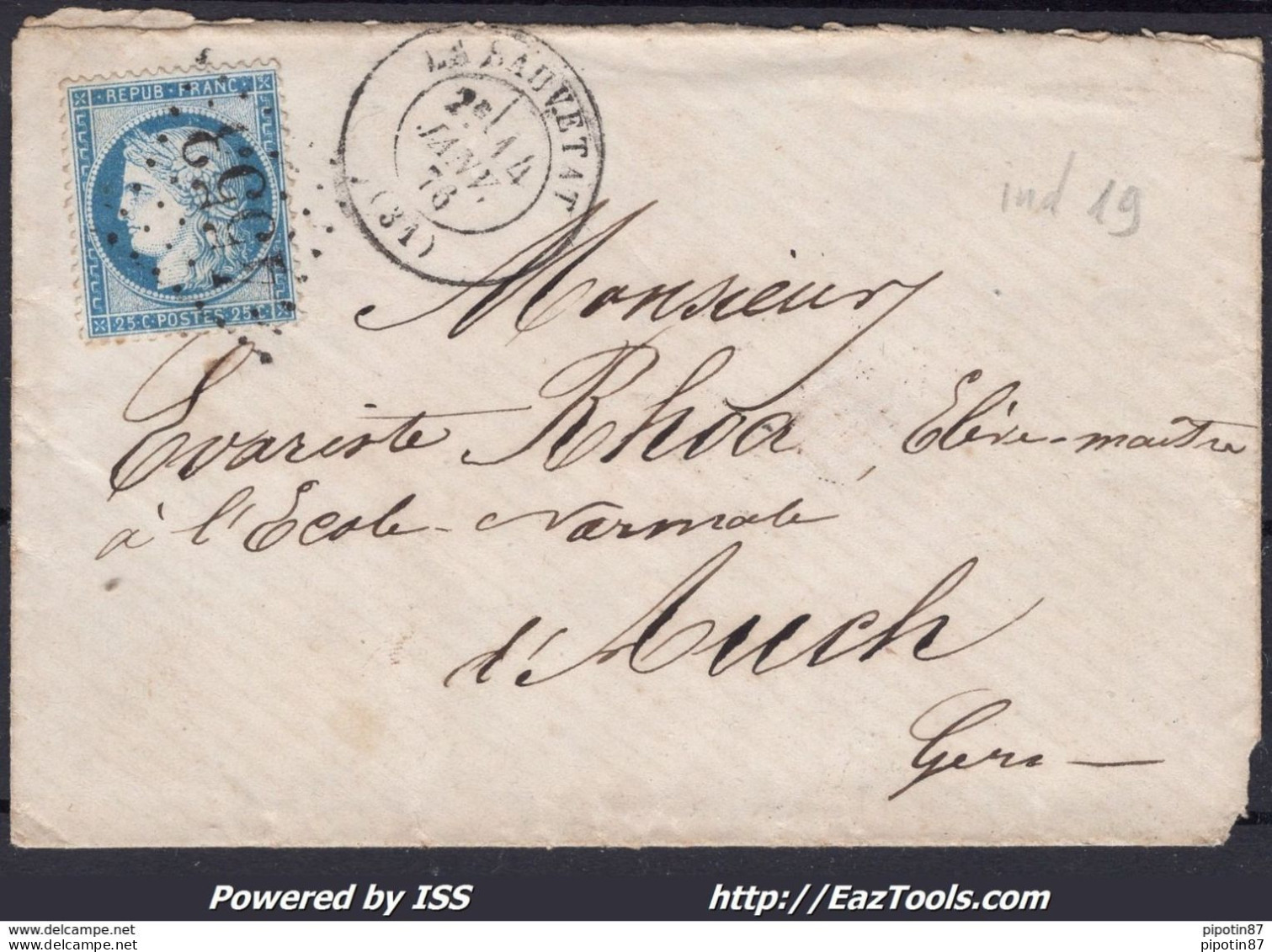 FRANCE CERES N° 60C SUR LETTRE POUR AUCH GC 4553 LA SAUVETAT + CAD DU 18/12/1875 - 1871-1875 Cérès