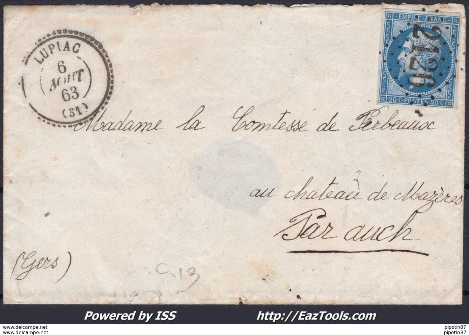 FRANCE EMPIRE N° 14A SUR LETTRE POUR BARRAN GC 2126 LUPIAC + CAD PERLÉ DU 11/06/1859 - 1853-1860 Napoleone III