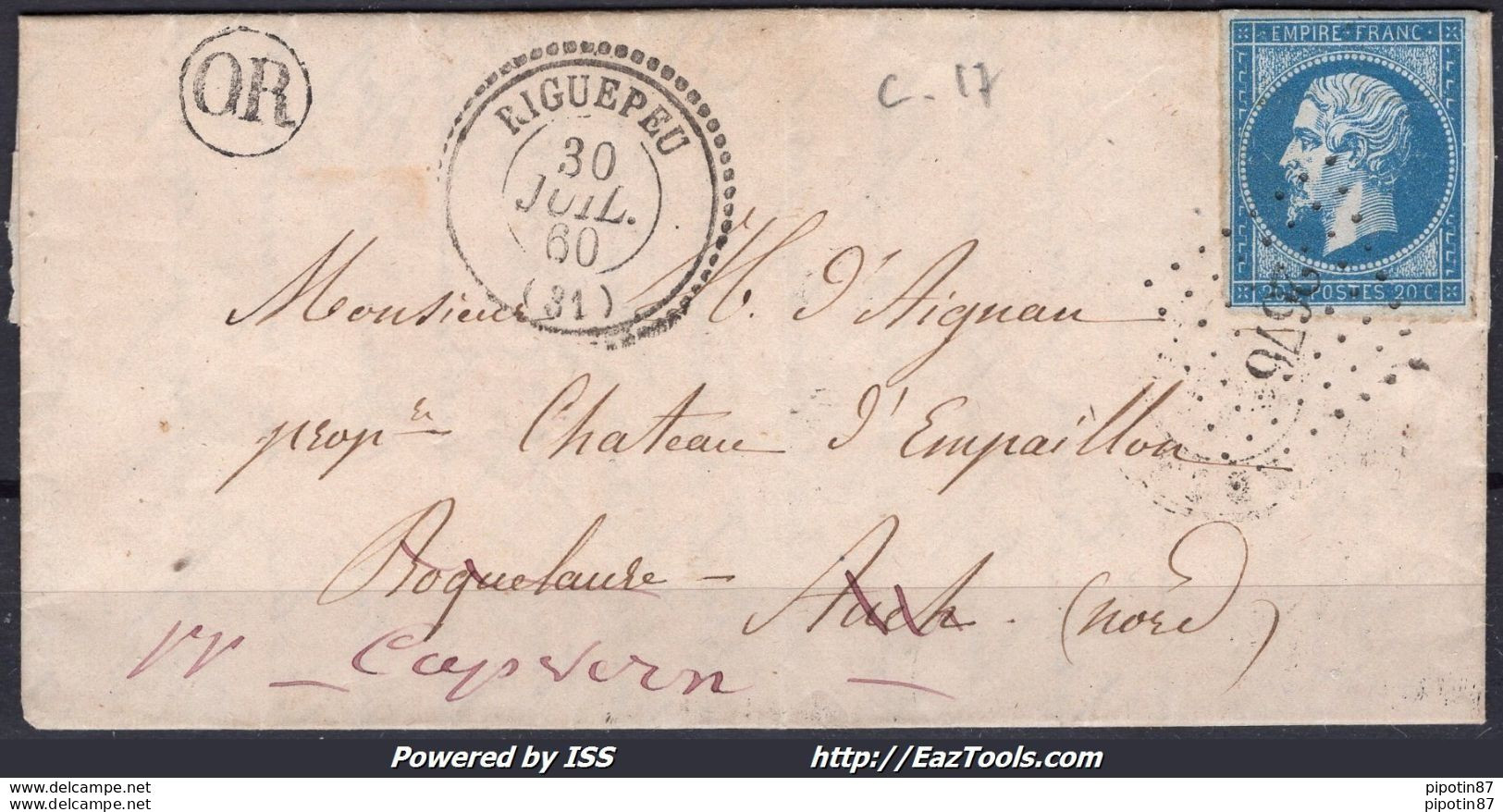 FRANCE EMPIRE N° 14A SUR LETTRE PC 2676 RIGUEPEU GERS + CAD PERLÉ DU 30/07/1860 + OR - 1853-1860 Napoleon III