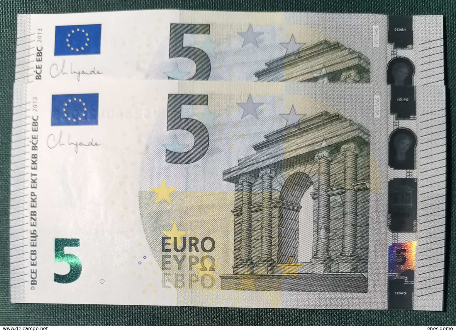 5 EURO SPAIN 2013 LAGARDE V015A6 VC SC FDS CORRELATIVE PAIR RADAR 2 UNC. PERFECT - 5 Euro