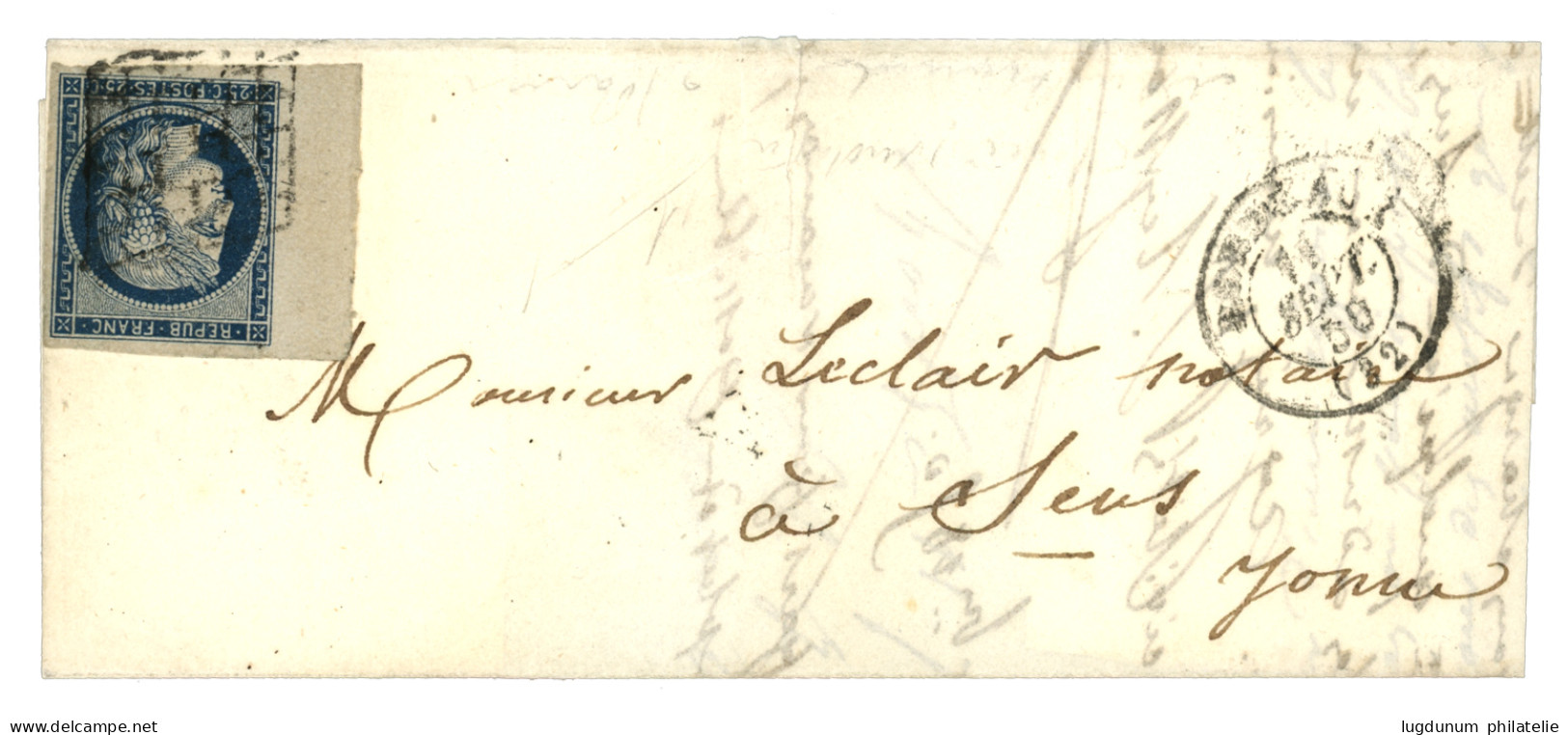 1850 25c CERES (n°4) 3 Grandes Marges + Bord De Feuille Obl. Grille Sur Lettre De BORDEAUX. TTB. - 1849-1850 Ceres