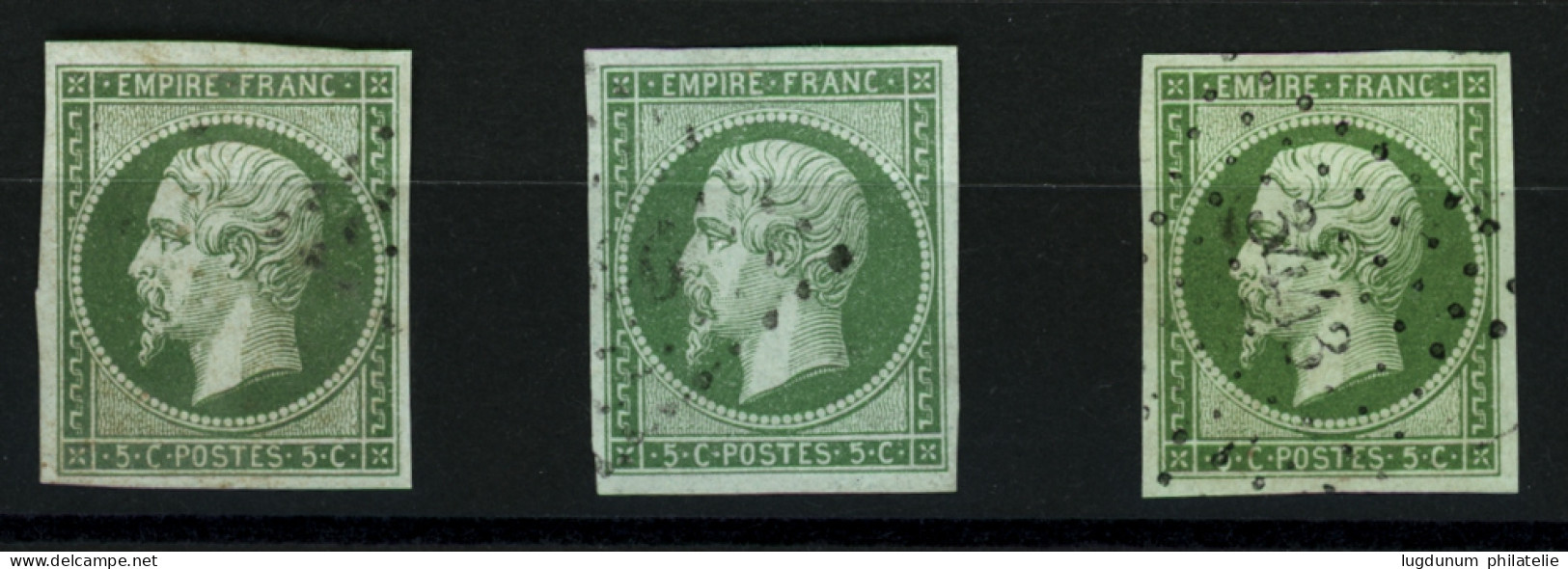 3 Superbes Exemplaires Du 5c (n°12) Avec Nuances Différentes (vert Sur Jaunâtre, Vert Sur Verdâtre, Vert-jaune Sur Vert  - 1853-1860 Napoleone III