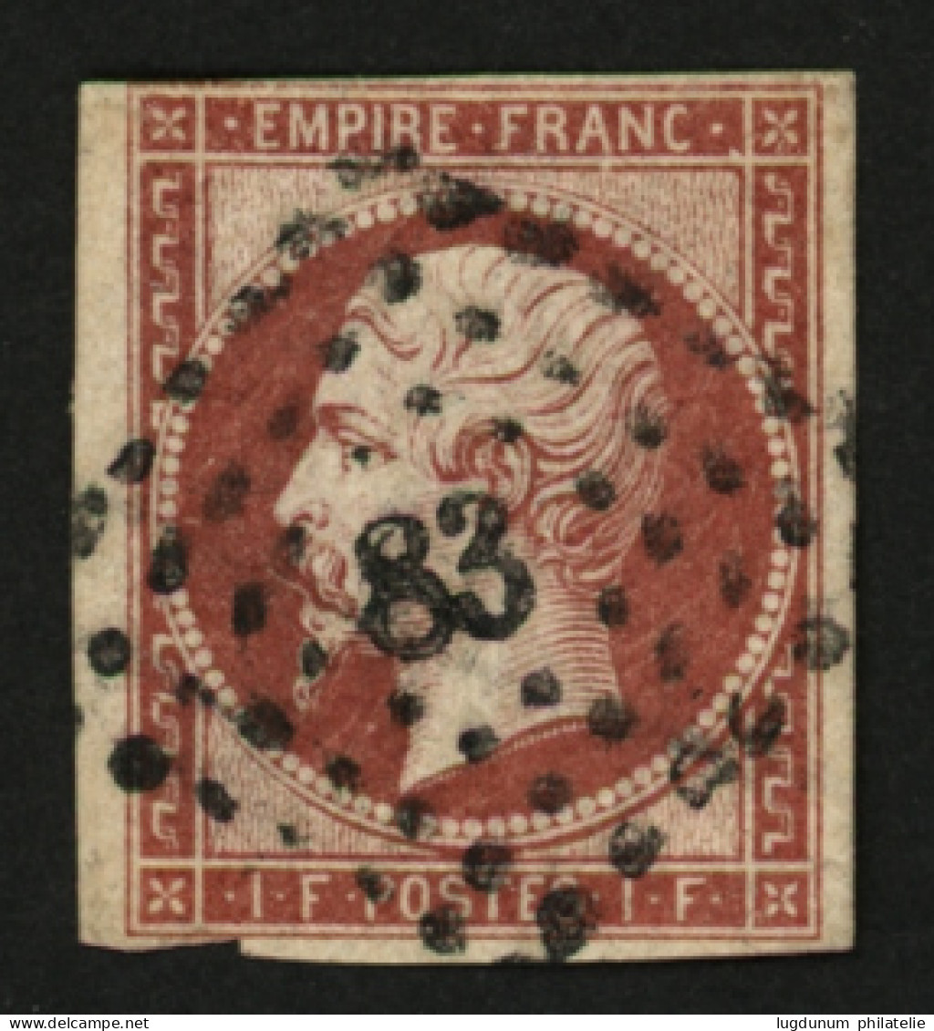 FAUX SPERATI : 1F Empire (n°18) Faux SPERATI (type G) Obl. PC 83. Filet Effleuré. Timbre Controlé Par SCHELLER. TB. - 1853-1860 Napoléon III