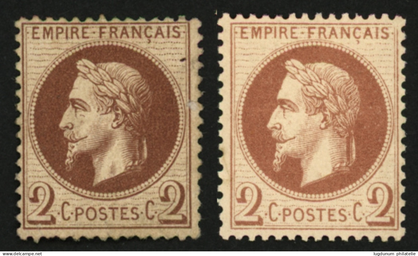 2c Lauré Chocolat (n°26Aa) Neuf * Et 2c Lauré Type II (n°26B) Neuf * (quasiment **). TB. - 1863-1870 Napoléon III Lauré