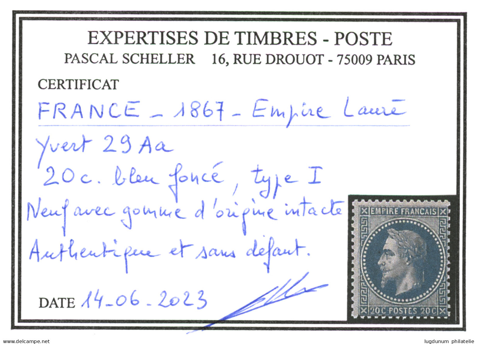 20c Lauré Type I Bleu Foncé (n°29Aa) Neuf **. Trés Frais. Certificat SCHELLER. Superbe. - 1863-1870 Napoléon III Con Laureles