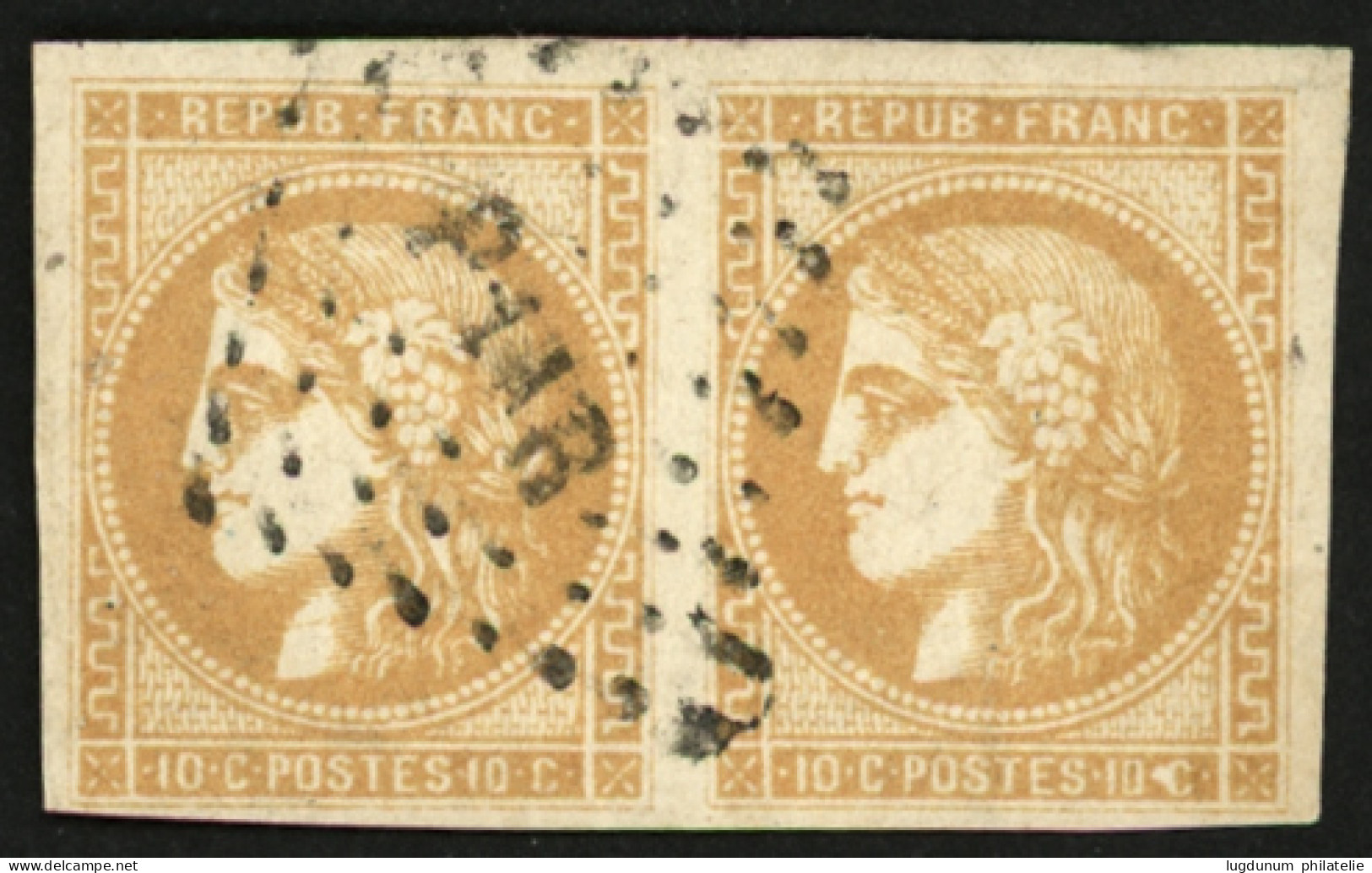 Paire 10c BORDEAUX Report 2 (n°43B) TTB Margée Obl. Ambulant. TTB. - 1870 Bordeaux Printing