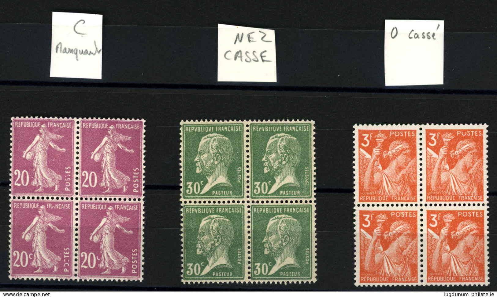 VARIETES - Bloc De 4 Neuf ** : N°174 (Nez Cassé), N°190 (C Manquant), N°655 (O Cassé). Superbe. - 1903-60 Sower - Ligned