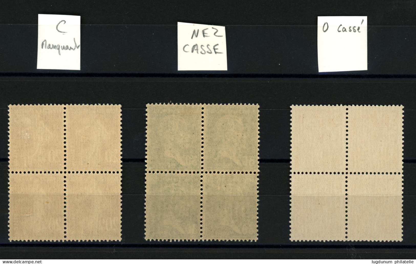 VARIETES - Bloc De 4 Neuf ** : N°174 (Nez Cassé), N°190 (C Manquant), N°655 (O Cassé). Superbe. - 1903-60 Säerin, Untergrund Schraffiert