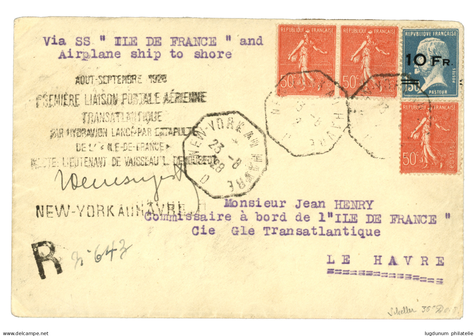 POSTE AERIENNE : 1928 10F S/ 1F50 PASTEUR (n°4) Surcharge Position 36 + 50c Semeuse (x3) Obl. NEW-YORK AU HAVRE D Sur En - Altri & Non Classificati