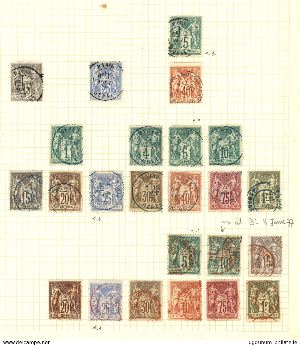 OBLITERATIONS Sur Type SAGE - Lot De 84 Timbres Montés Sur Feuilles. Nombreuses Oblitérations De Couleur. A Voir. TTB. - 1849-1876: Période Classique