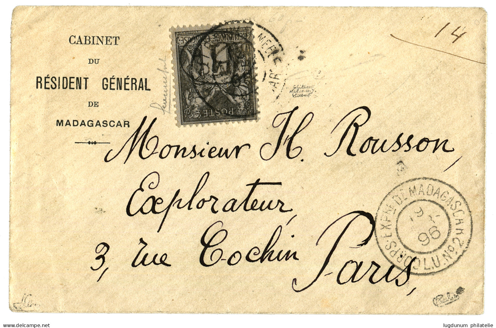 MADAGASCAR : 1896 "ELLIPSE" 5 S/ 1c (n°23) Sur Enveloppe Du RESIDENT GENERAL DE MADAGASCAR Pour PARIS. Cote Timbre Détac - Autres & Non Classés