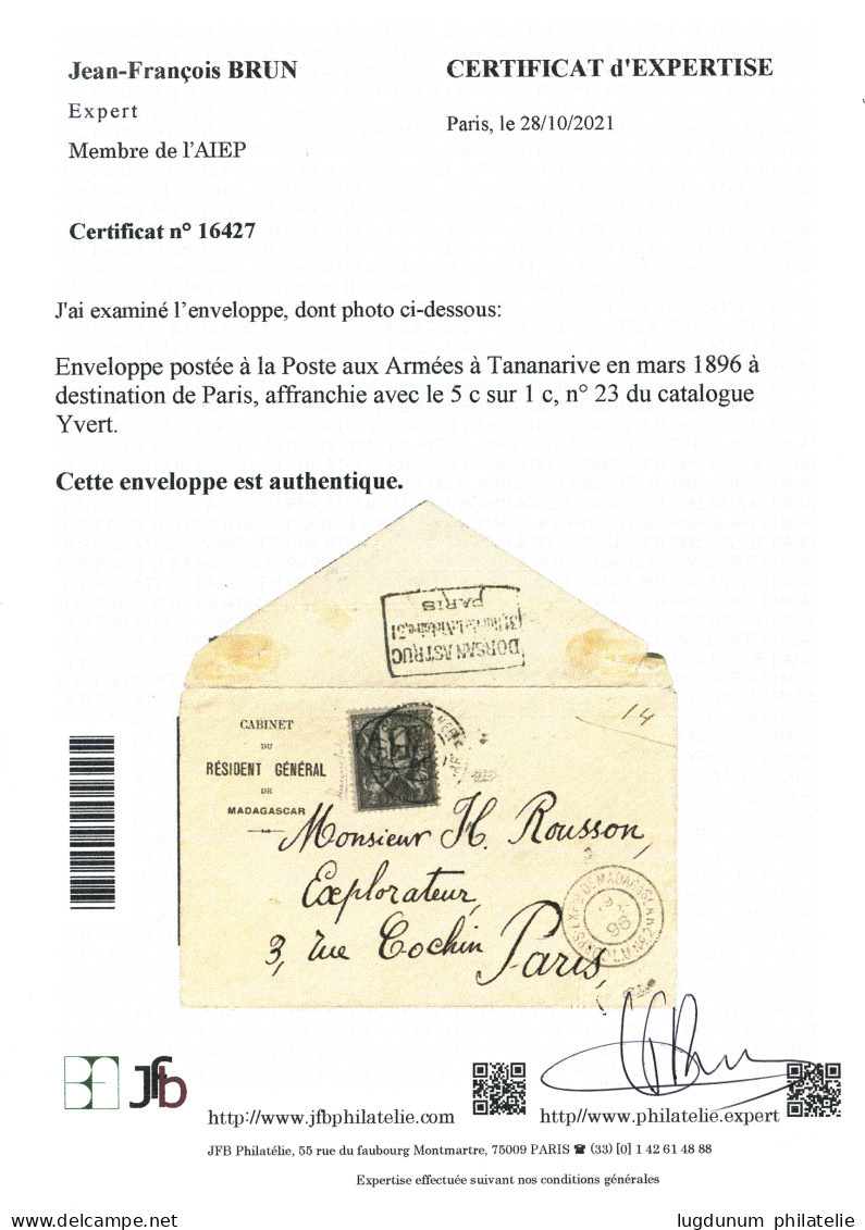 MADAGASCAR : 1896 "ELLIPSE" 5 S/ 1c (n°23) Sur Enveloppe Du RESIDENT GENERAL DE MADAGASCAR Pour PARIS. Cote Timbre Détac - Other & Unclassified