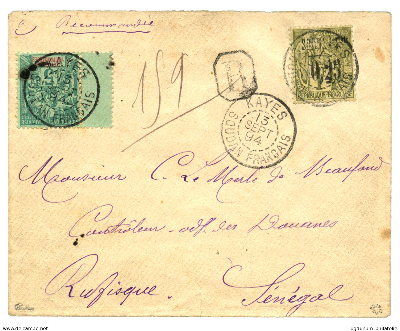 SOUDAN : 1894 0,25 S/ 1F (n°2) + 5c (n°6) Obl. KAYES Sur Enveloppe RECOMMANDEE Pour RUFISQUE (SENEGAL). Signé ROUMET + C - Sonstige & Ohne Zuordnung