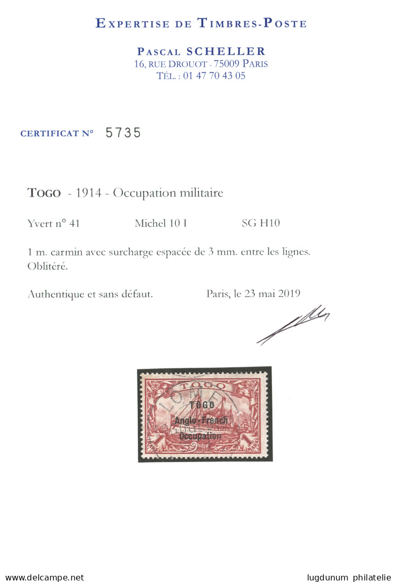 TOGO :  1 MARK (n°41) Surcharge I (3 Mm) Obl. LOME. Tirage 100 Ex. Cote 9400€. Certificat BPA (1968) + SCHELLER (2019).  - Andere & Zonder Classificatie