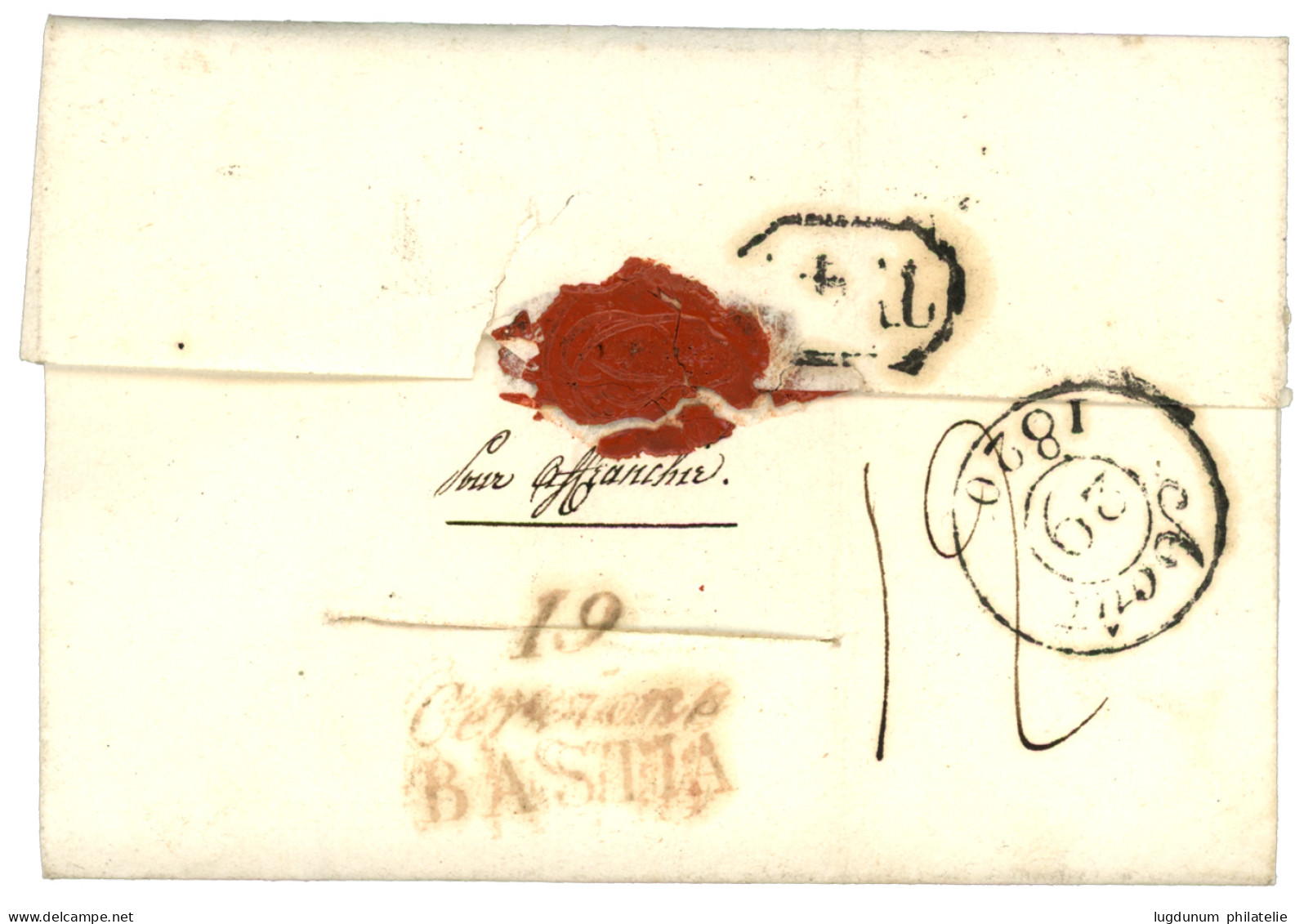 CORSE : 1820  Rare Cursive 19 Cervionne / BASTIA En ROUGE Au Verso + P.19.P BASTIA Rouge Sur Lettre PURIFIEE Ss Texte Po - 1801-1848: Vorläufer XIX